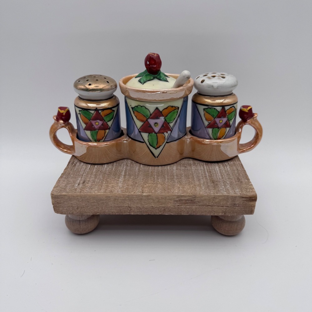 Vintage TT Takito Japan Lusterware Salt Pepper Mustard Set Art Deco Hand Painted